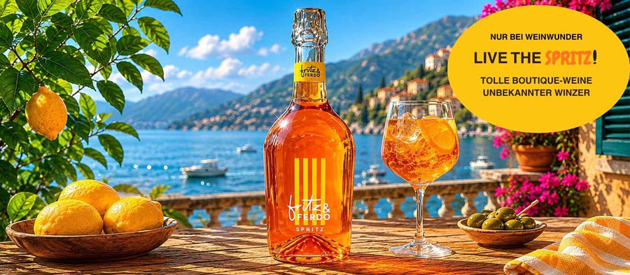 Flasche Spritz "Fritz + Fredo , daneben ein Glas gefüllt mit Spritz und Eis vor italienischer Küstenkulisse